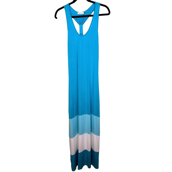 Calvin Klein Pool Blue Racerback Jersey Striped Maxi Dress Stretch Comfort 10 - Picture 2 of 13